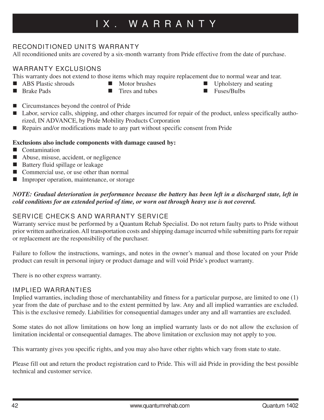 Quantum Quantum 1402 manual Reconditioned Units Warranty, Warranty Exclusions, Service Checks and Warranty Service 