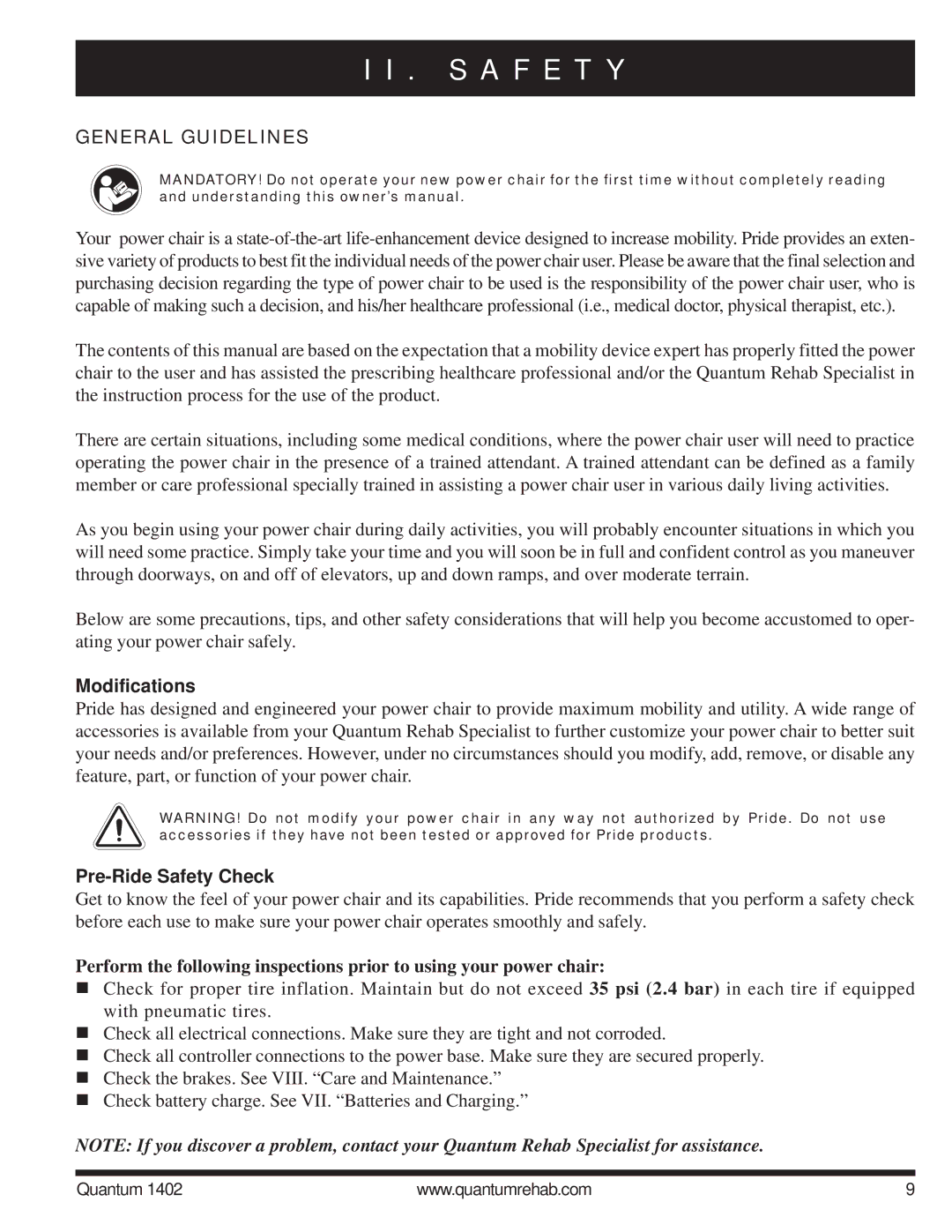 Quantum Quantum 1402 manual General Guidelines, Modifications, Pre-Ride Safety Check 