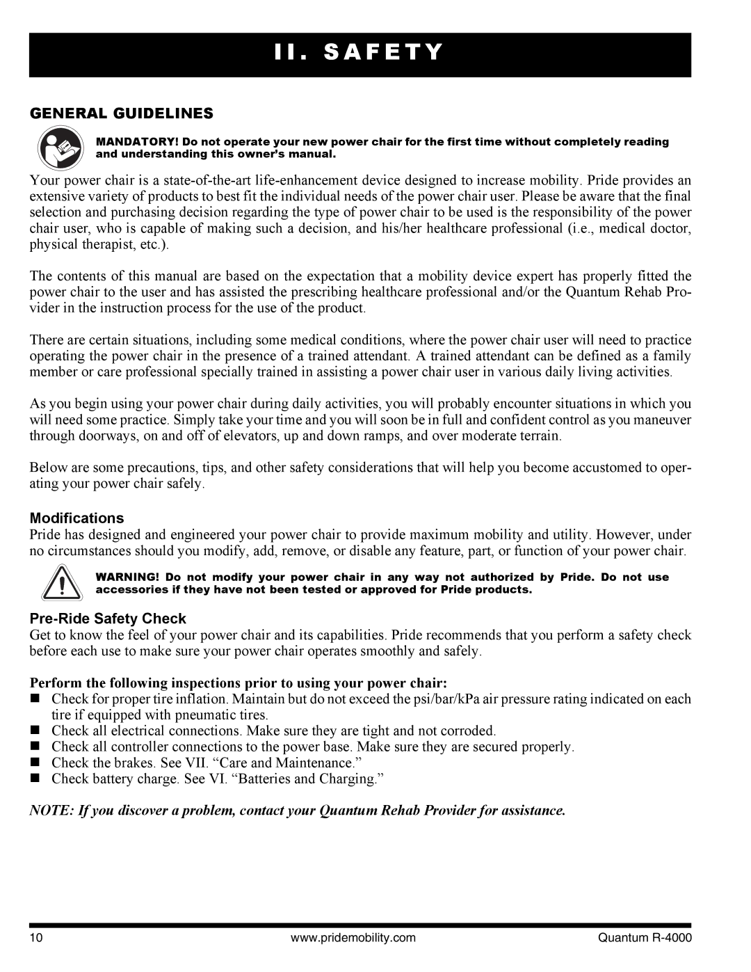 Quantum Quantum R-4400 4SP, Quantum R-4000 3SP manual General Guidelines, Modifications, Pre-Ride Safety Check 