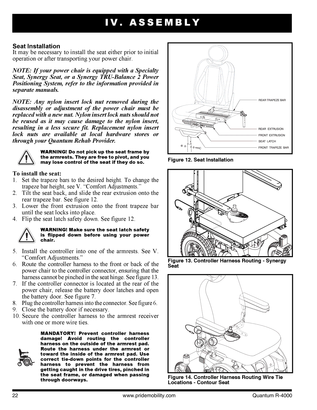 Quantum Quantum R-4400 4SP, Quantum R-4000 3SP manual A S S E M B L Y, Seat Installation, To install the seat 