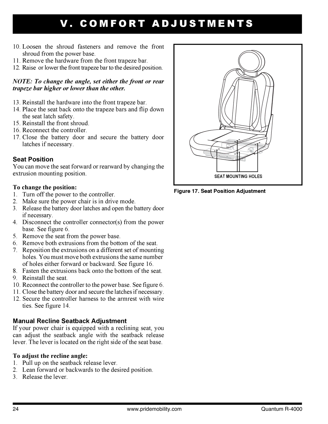 Quantum Quantum R-4400 4SP, Quantum R-4000 3SP Seat Position, To change the position, Manual Recline Seatback Adjustment 