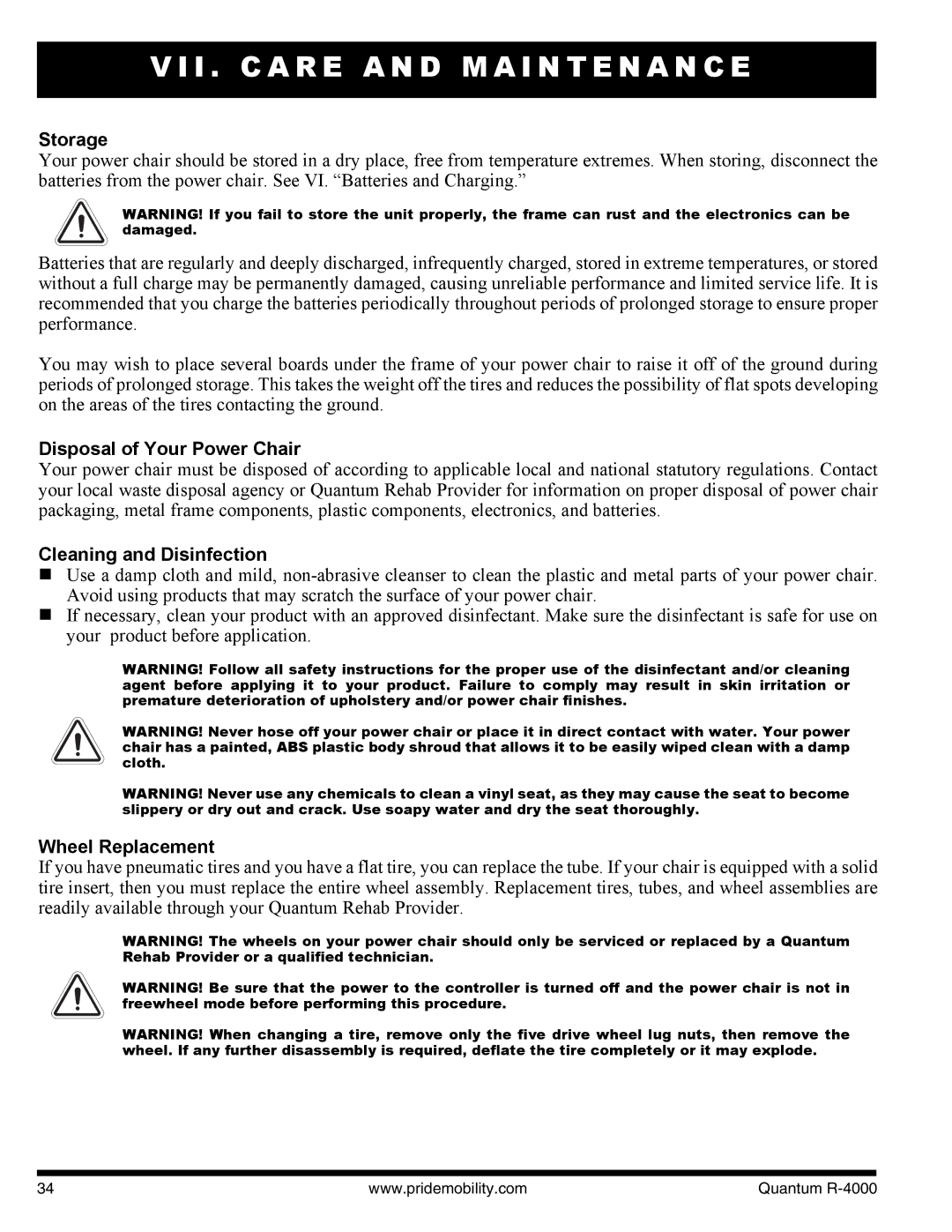 Quantum Quantum R-4000 3S manual Storage, Disposal of Your Power Chair, Cleaning and Disinfection, Wheel Replacement 