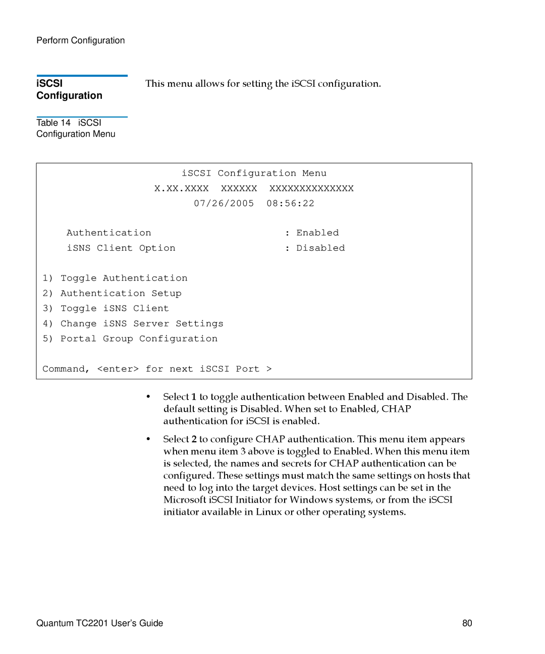 Quantum TC2201 manual Iscsi, Configuration 