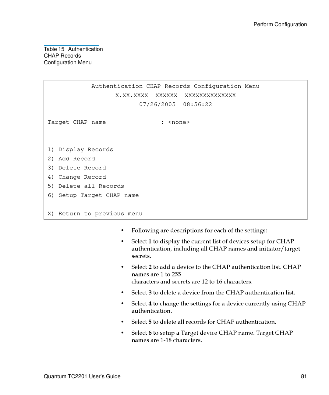 Quantum TC2201 manual Authentication Chap Records Configuration Menu 