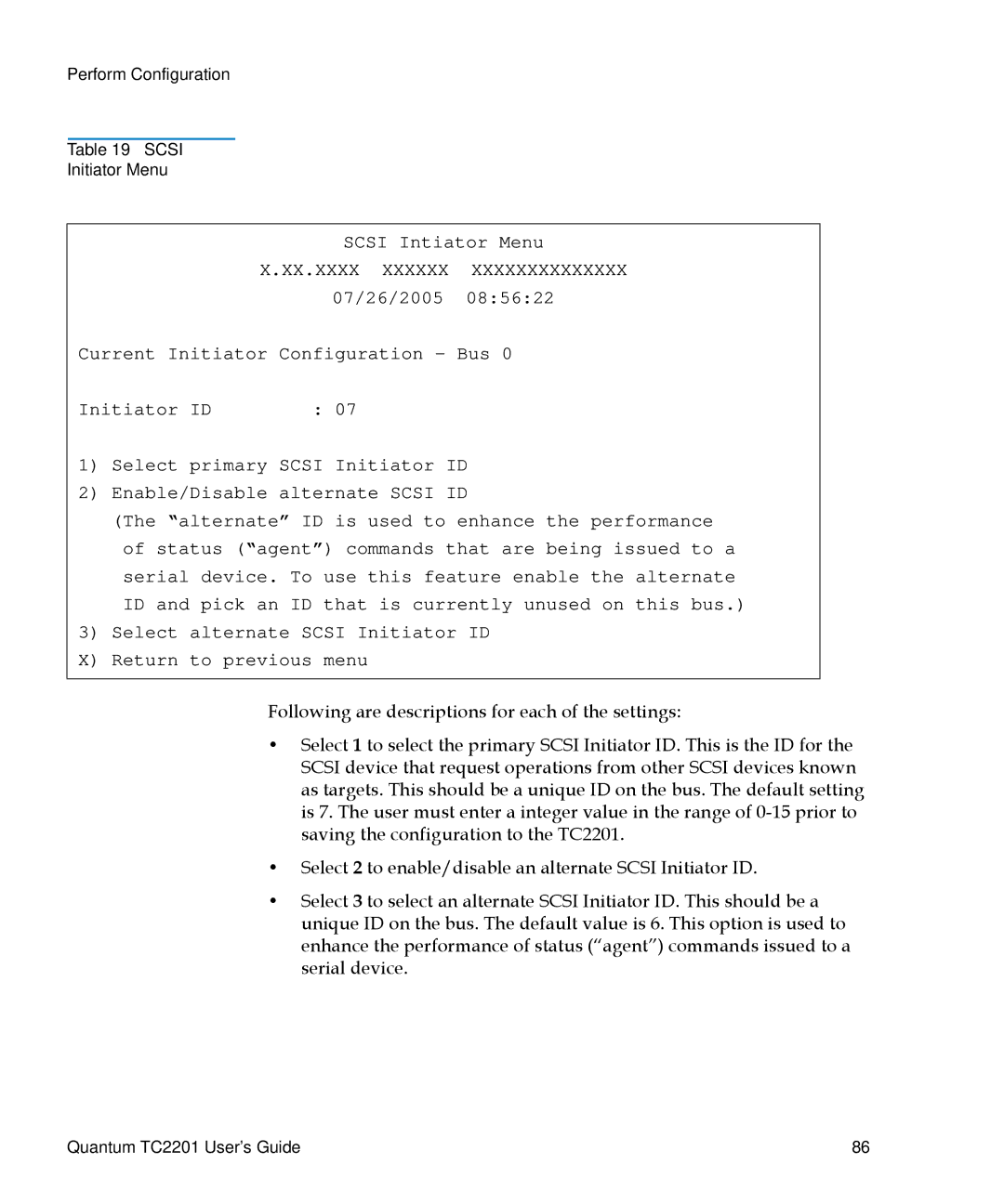 Quantum TC2201 manual Scsi Intiator Menu 