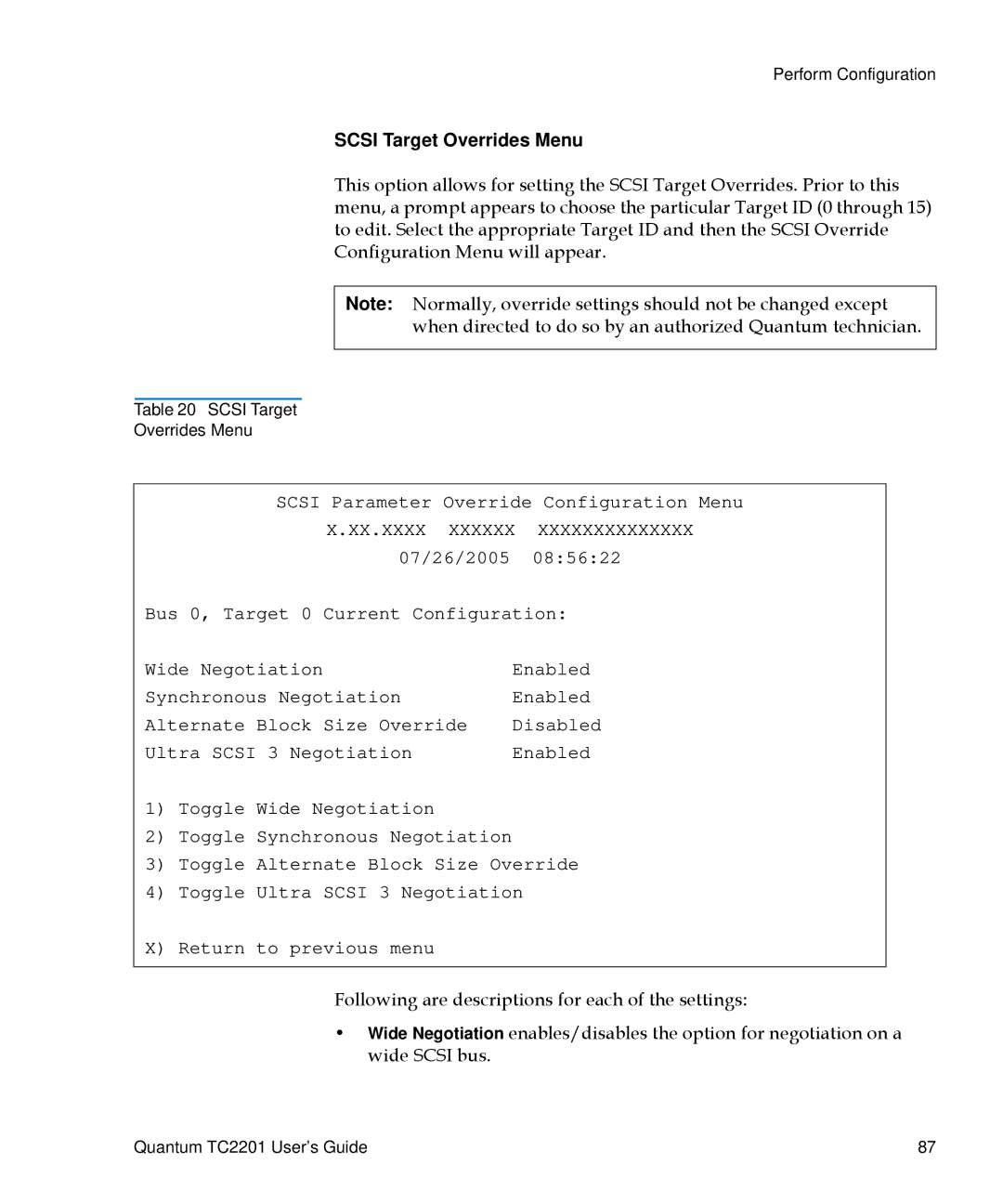 Quantum TC2201 manual Scsi Target Overrides Menu 