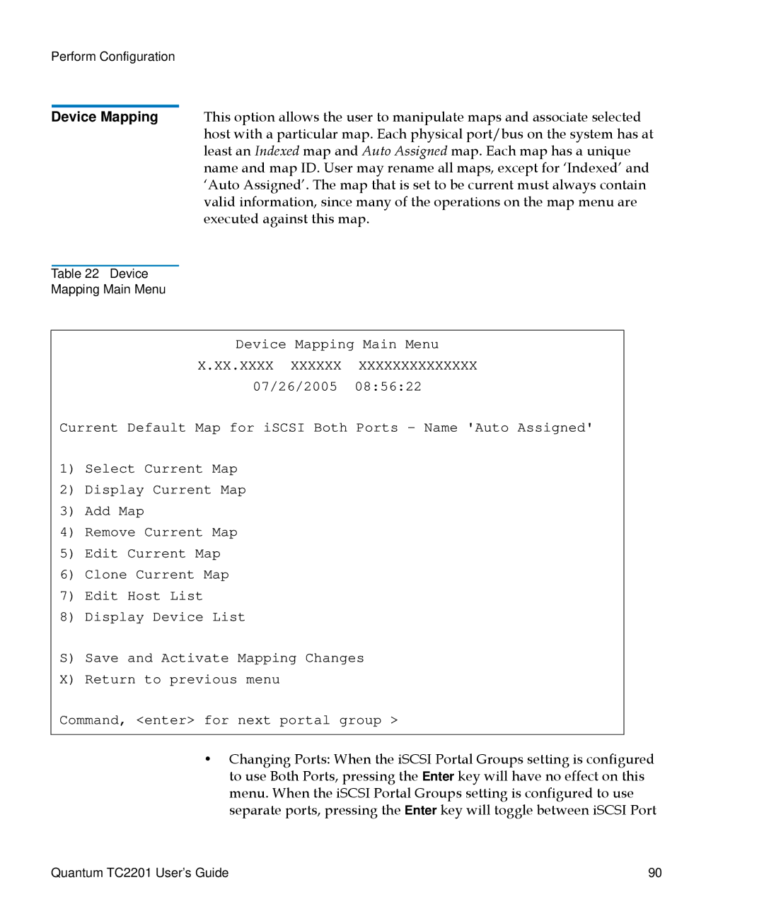 Quantum TC2201 manual Device Mapping Main Menu 