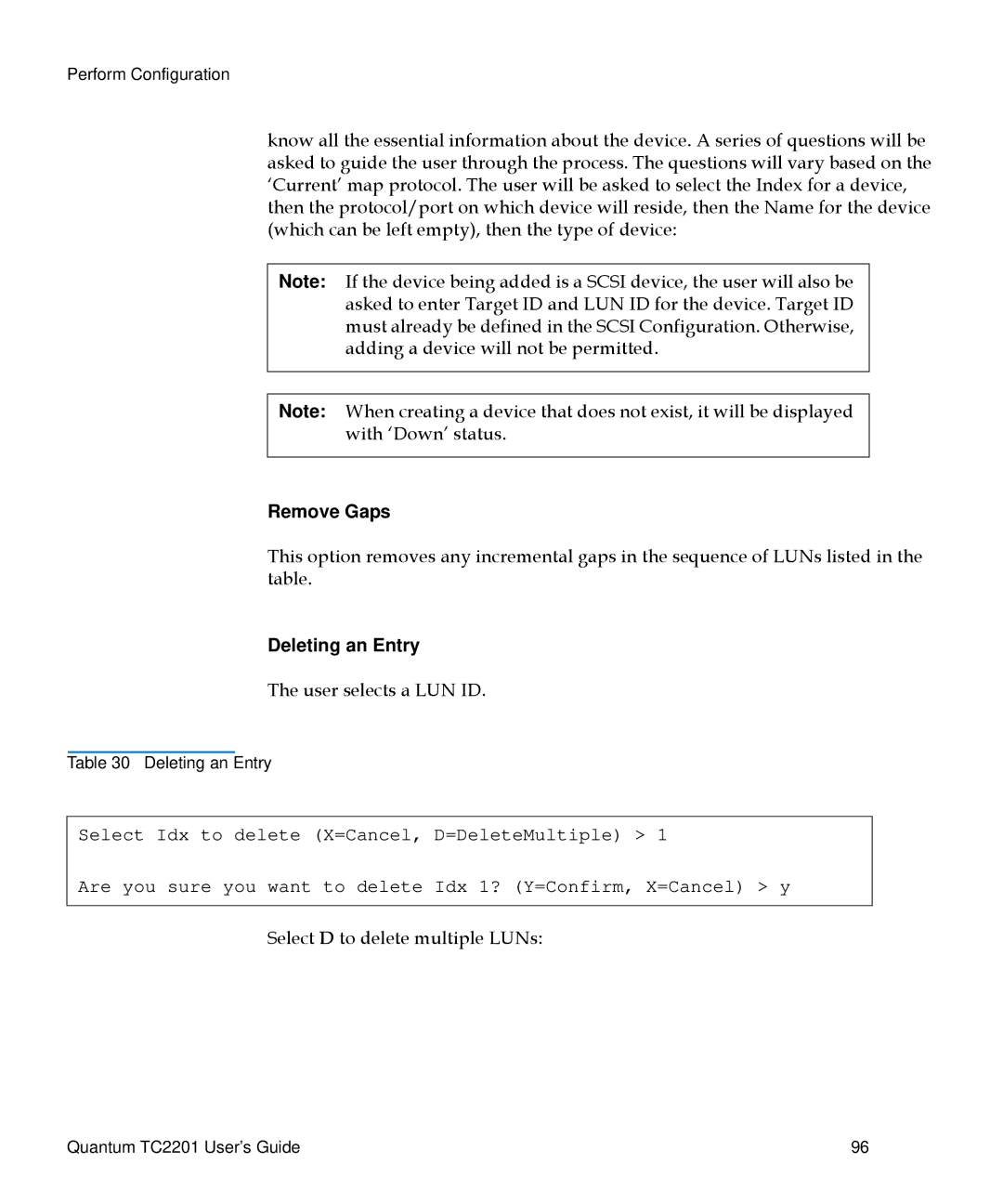 Quantum TC2201 manual Remove Gaps, Deleting an Entry 