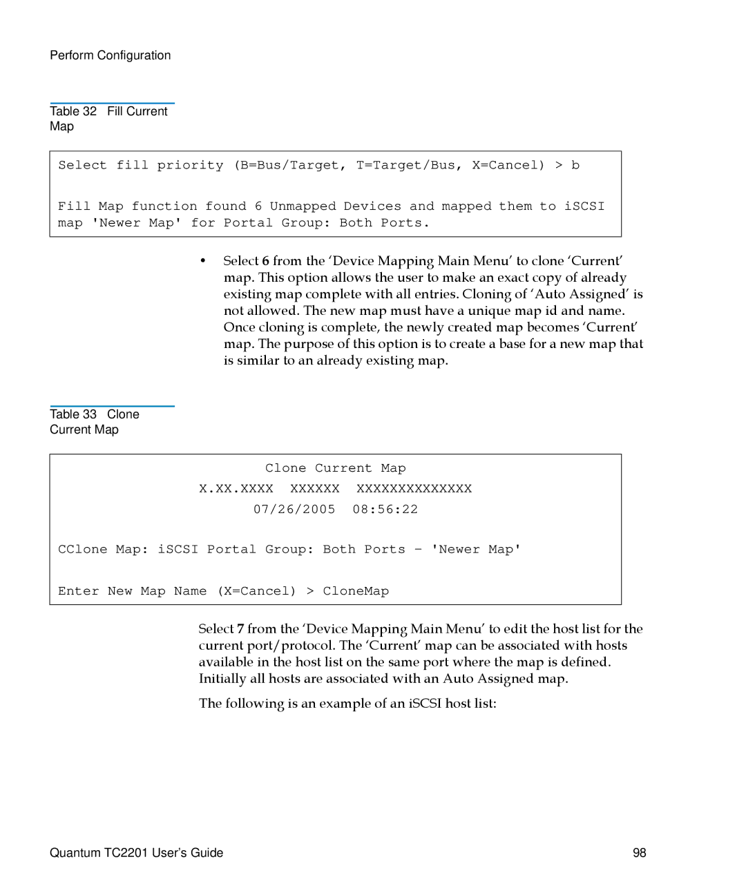 Quantum TC2201 manual Perform Configuration Fill Current Map 