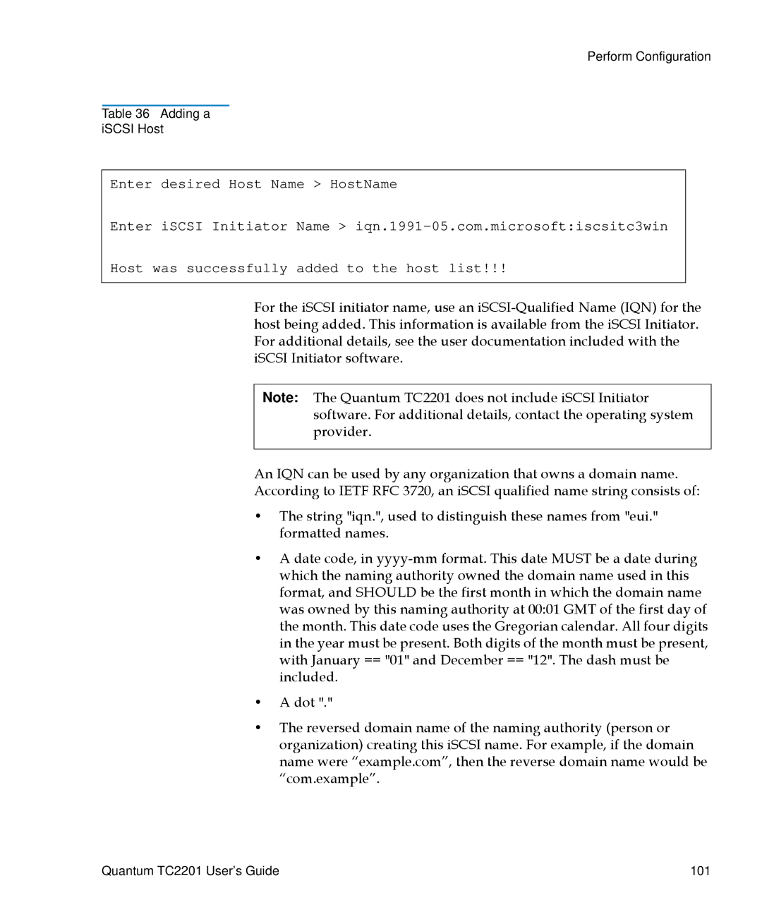 Quantum TC2201 manual Perform Configuration Adding a ISCSI Host 