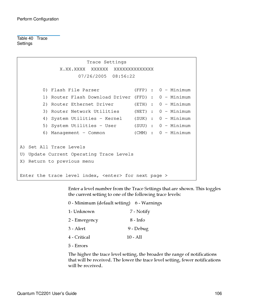 Quantum TC2201 manual Perform Configuration Trace Settings 