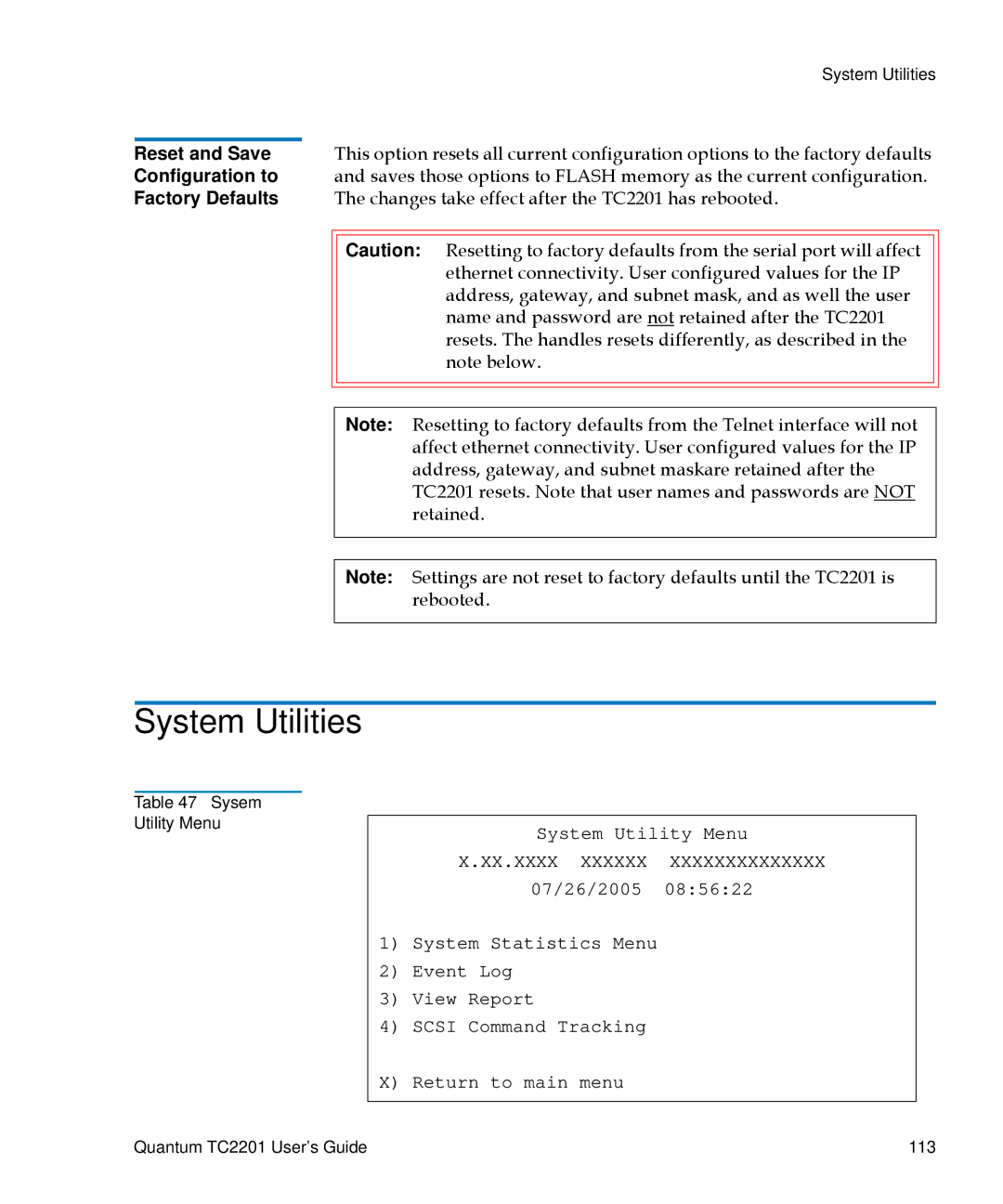 Quantum TC2201 manual System Utilities, Reset and Save Configuration to, Factory Defaults 