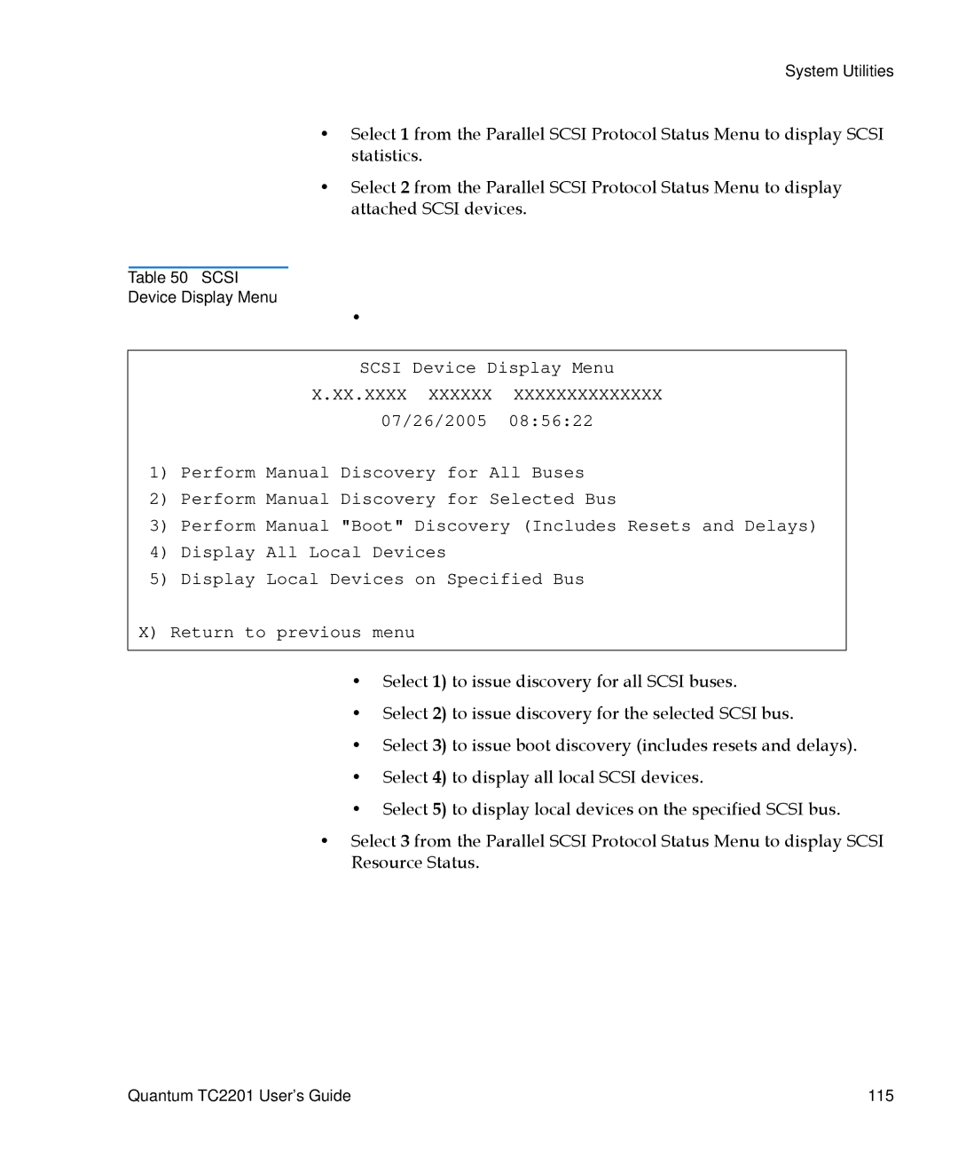 Quantum TC2201 manual Scsi Device Display Menu 