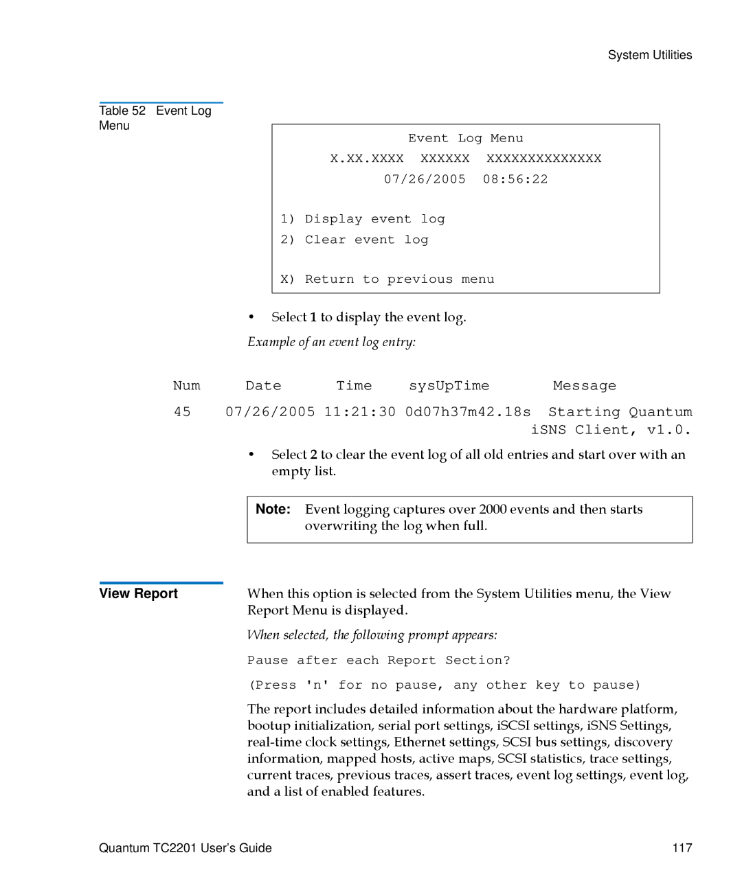 Quantum TC2201 manual Num Date Time SysUpTime, View Report 