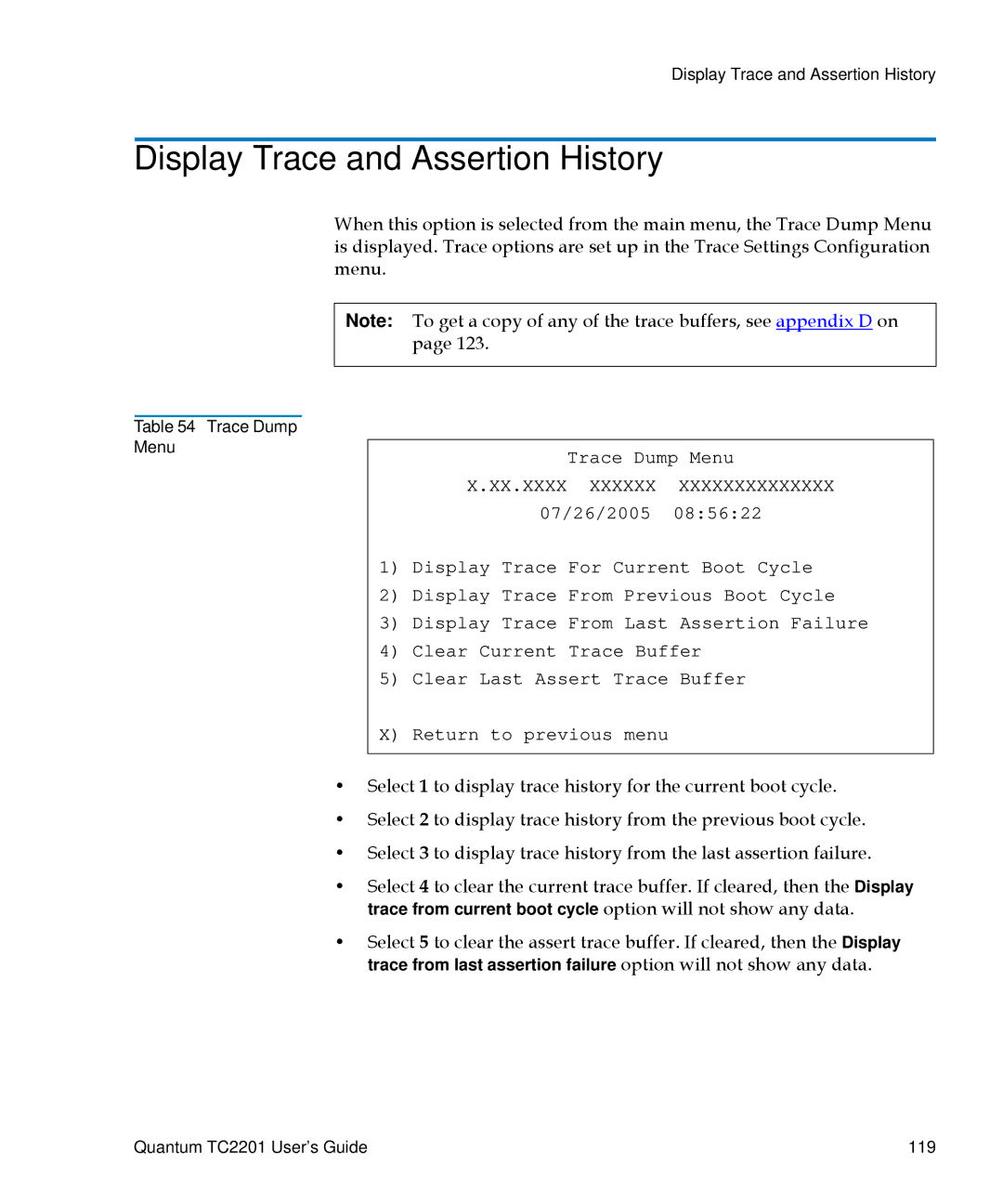 Quantum TC2201 manual Display Trace and Assertion History 