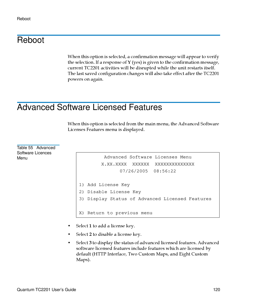 Quantum TC2201 manual Reboot, Advanced Software Licensed Features 
