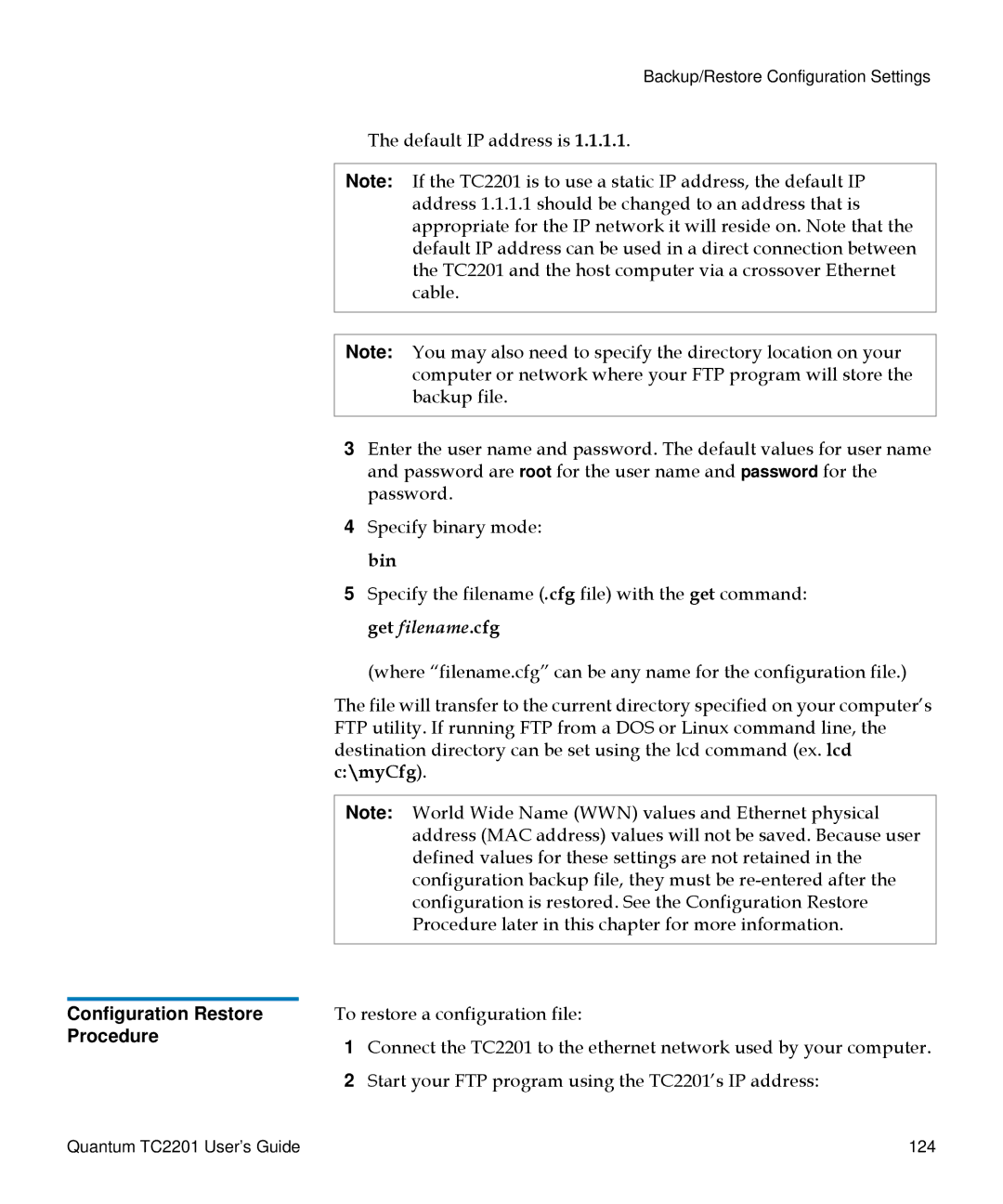 Quantum TC2201 manual Configuration Restore Procedure 