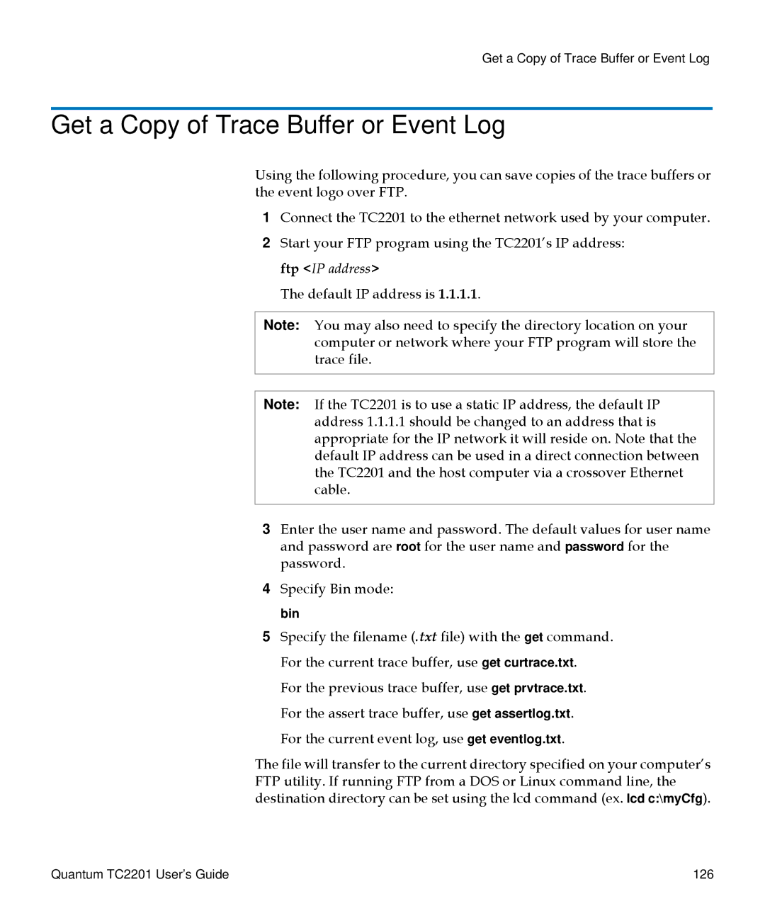 Quantum TC2201 manual Get a Copy of Trace Buffer or Event Log 