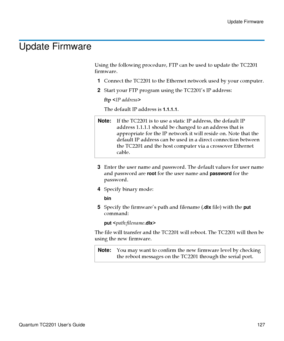 Quantum TC2201 manual Update Firmware, Put pathfilename.dlx 