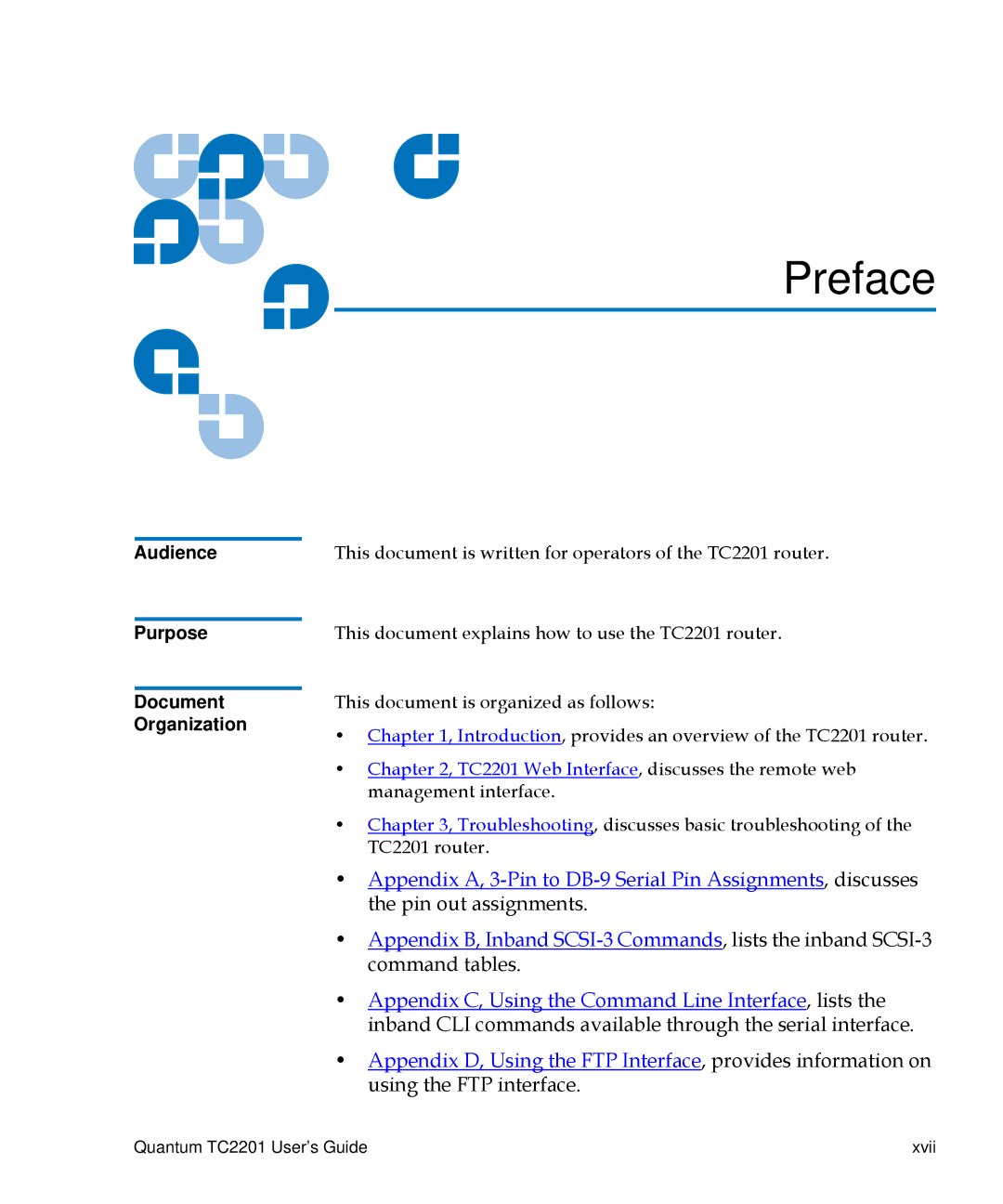 Quantum TC2201 manual Preface, Audience Purpose Document Organization 