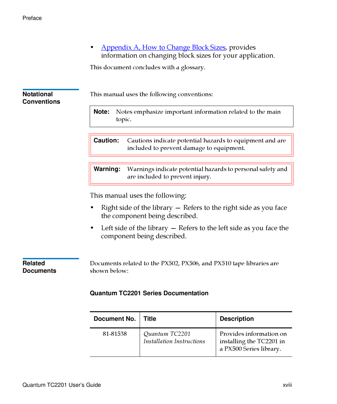 Quantum TC2201 manual Notational, Conventions, Related, Documents 