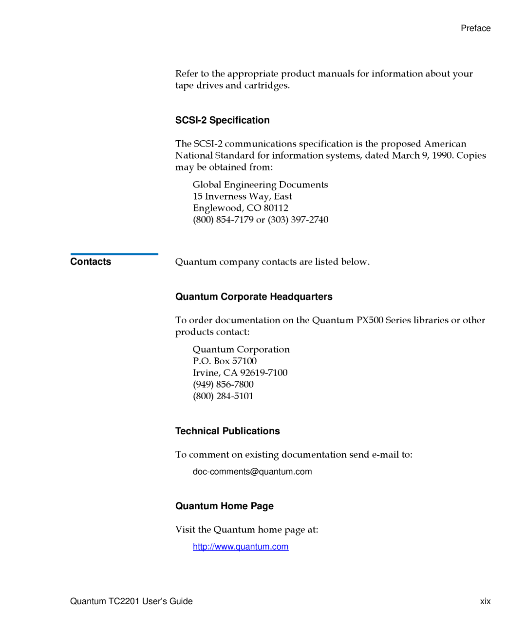 Quantum TC2201 manual SCSI-2 Specification, Contacts, Quantum Corporate Headquarters, Technical Publications, Quantum Home 