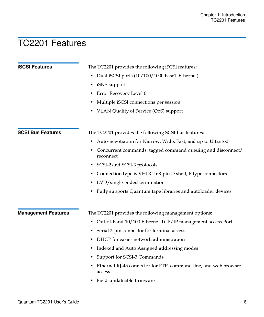 Quantum manual TC2201 Features, ISCSI Features, Scsi Bus Features, Management Features 