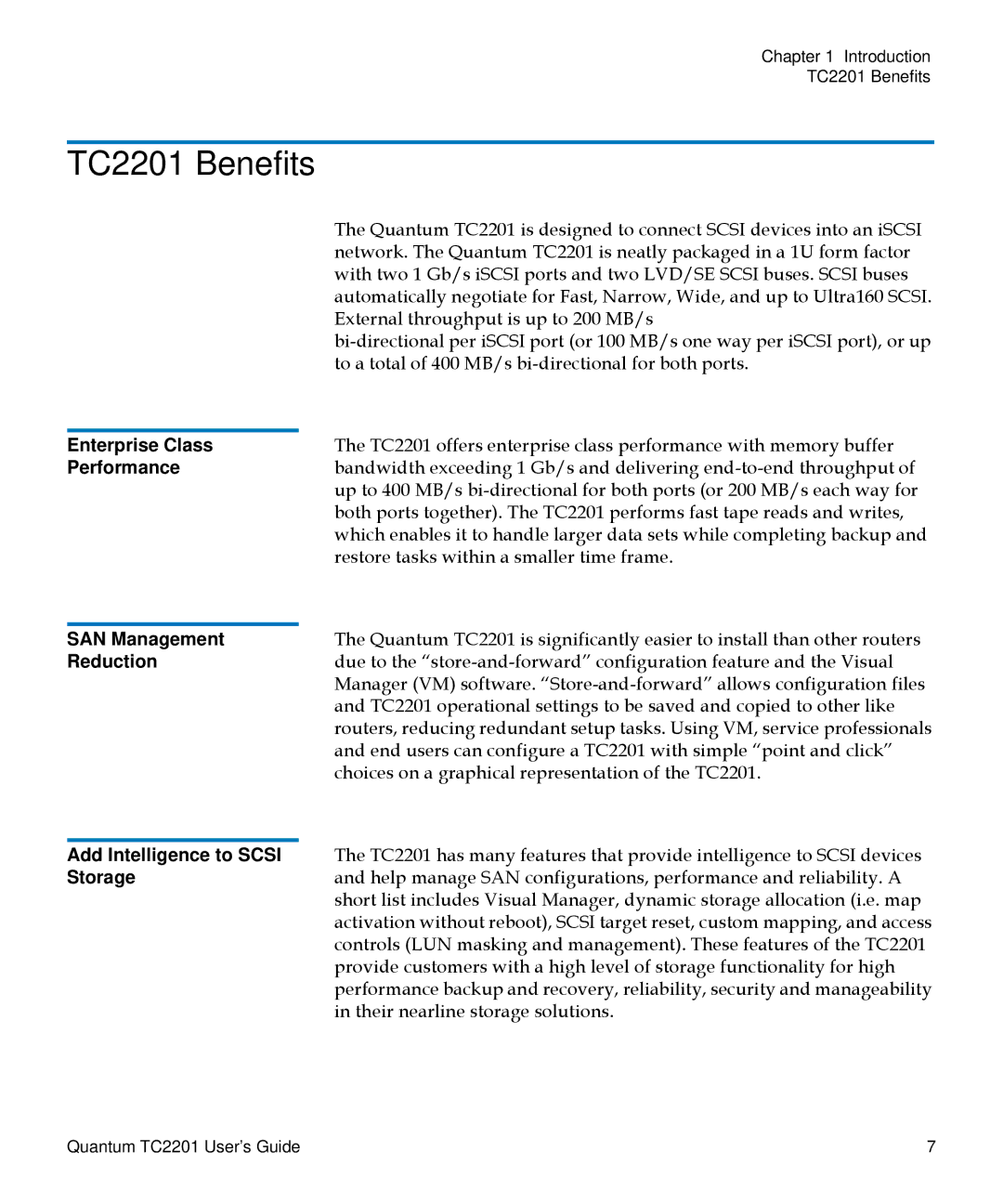 Quantum manual TC2201 Benefits, Enterprise Class Performance SAN Management Reduction 