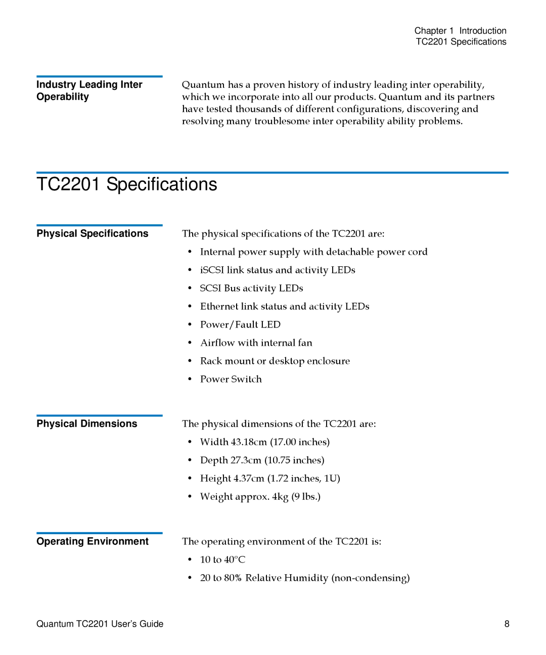 Quantum manual TC2201 Specifications, Industry Leading Inter, Operability, Physical Specifications, Physical Dimensions 