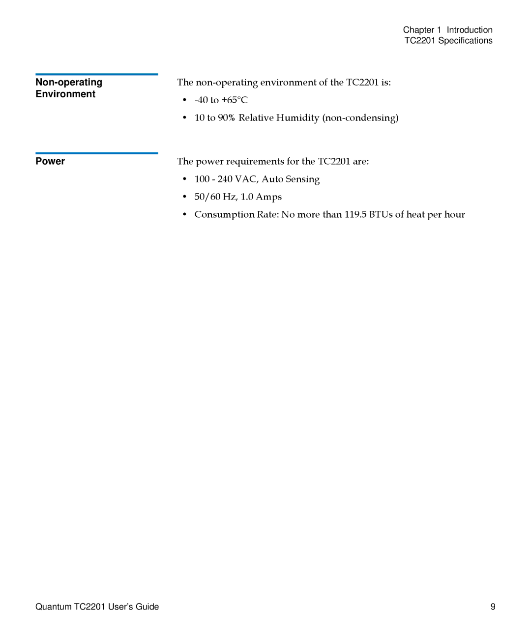 Quantum TC2201 manual Non-operating Environment Power 