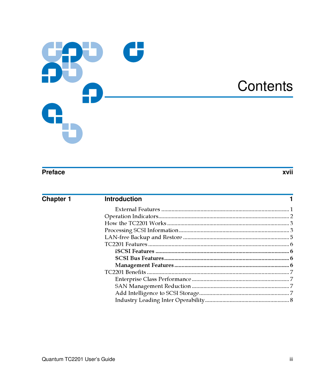 Quantum TC2201 manual Contents 