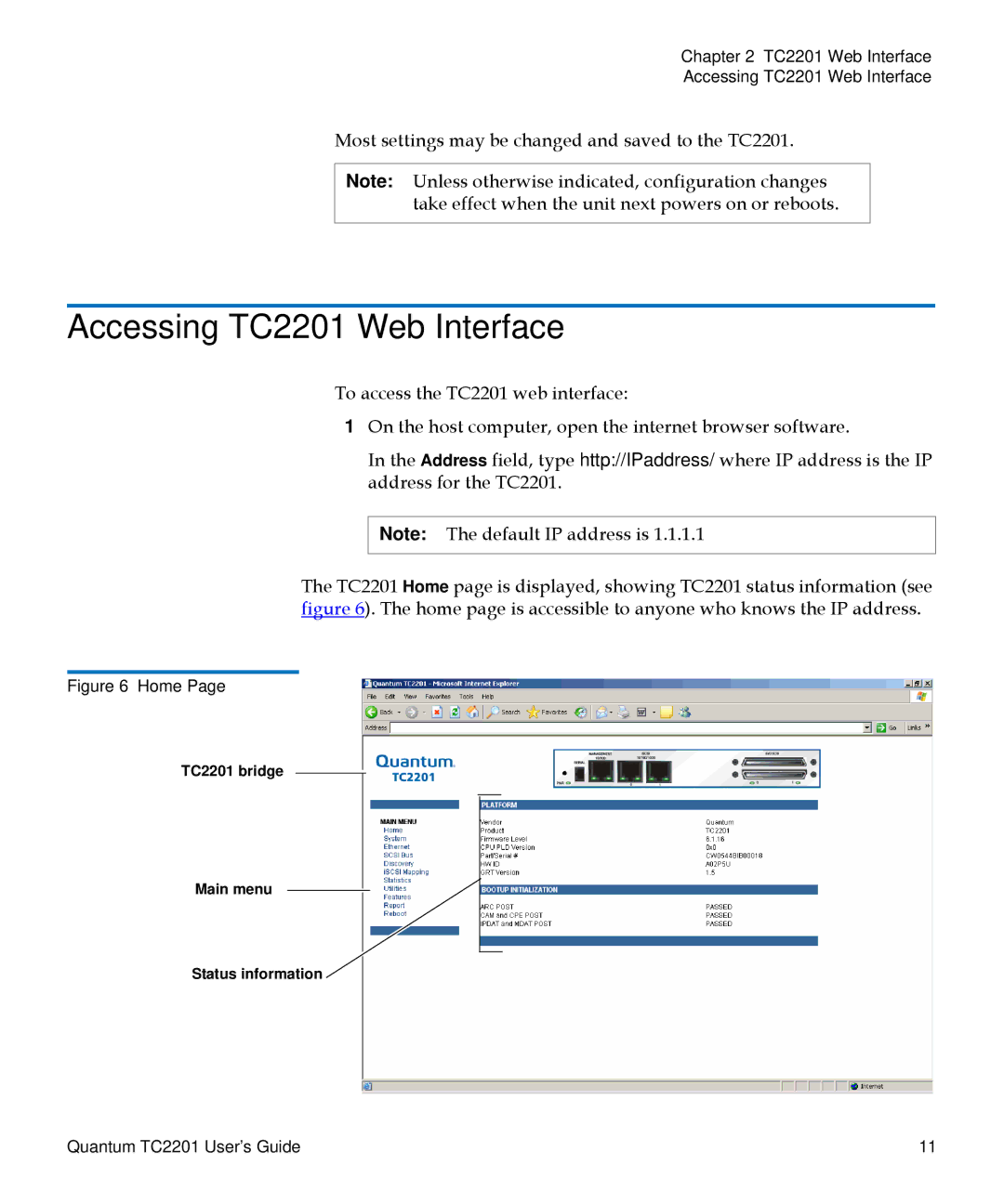 Quantum manual Accessing TC2201 Web Interface, Home 