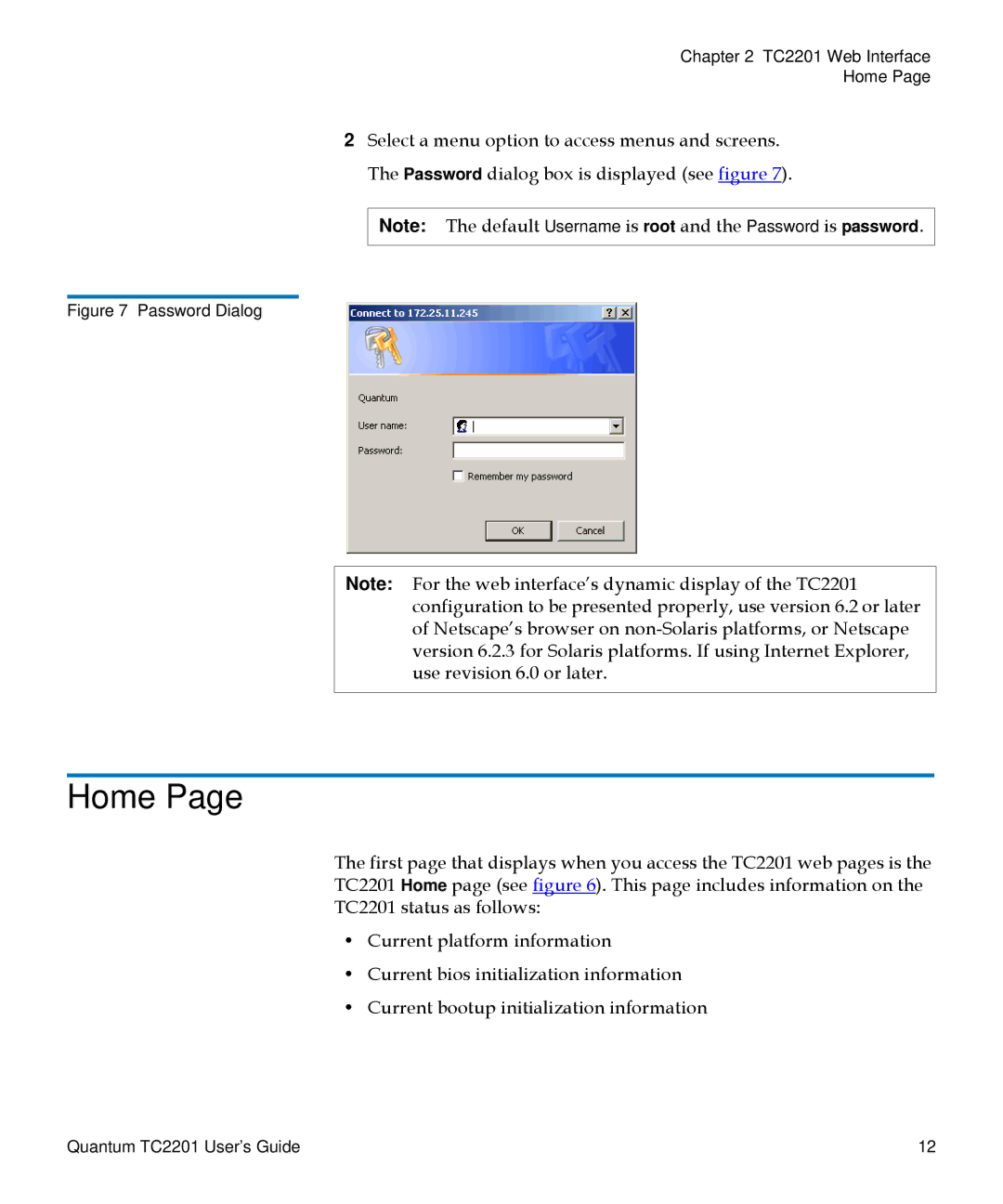 Quantum TC2201 manual Home, Password Dialog 