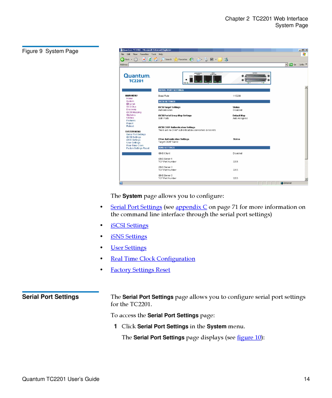 Quantum TC2201 manual Serial Port Settings 