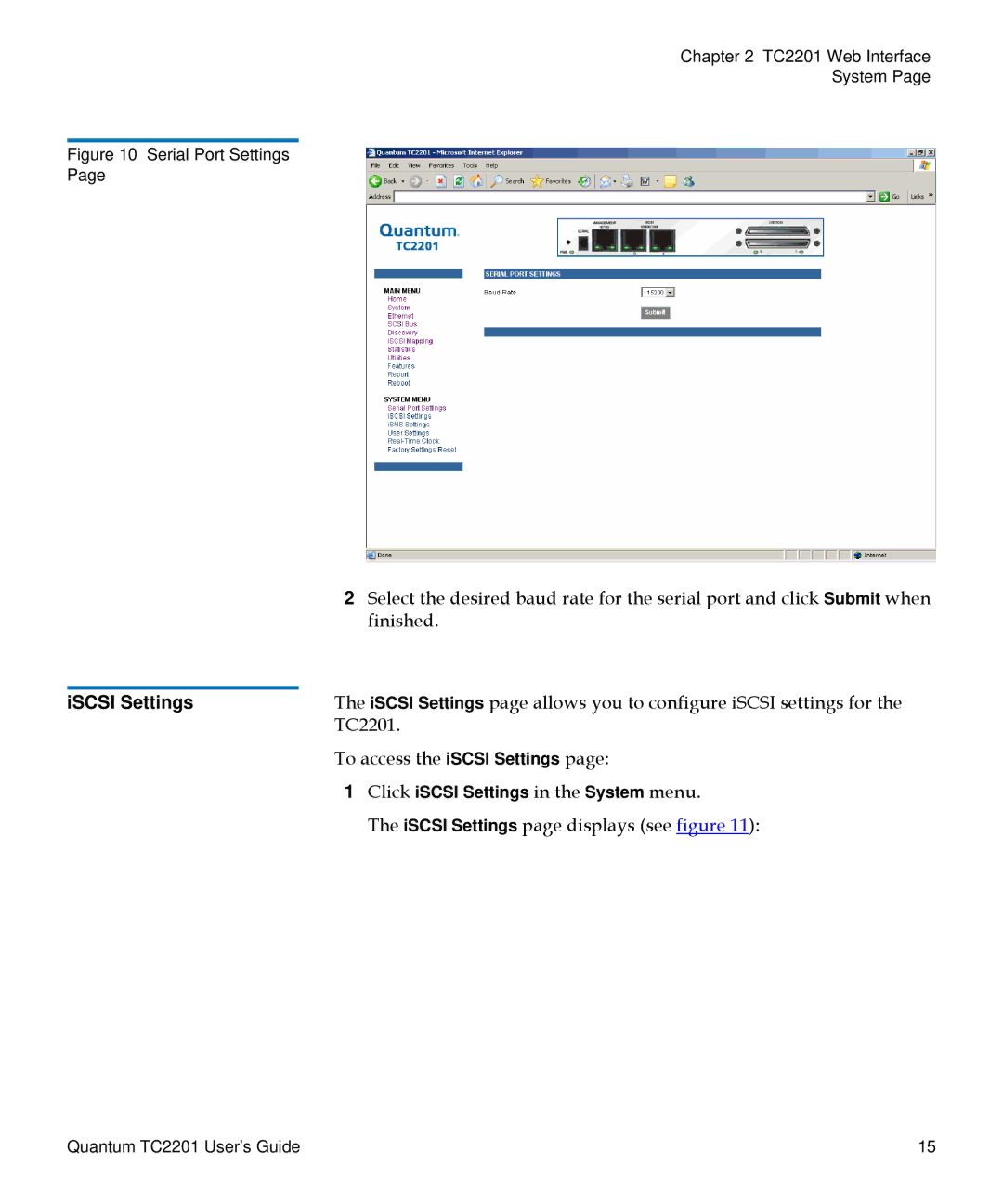 Quantum TC2201 manual ISCSI Settings, Serial Port Settings 