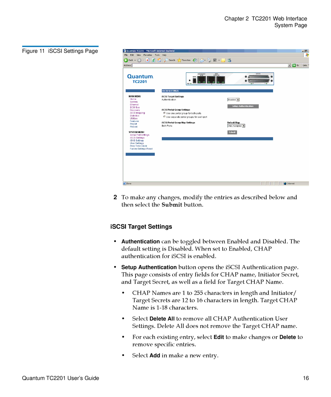 Quantum TC2201 manual ISCSI Target Settings, ISCSI Settings 