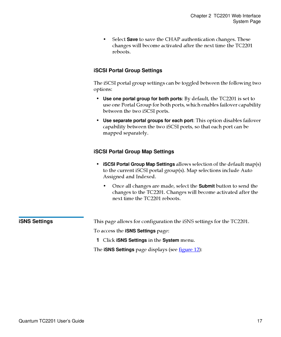 Quantum TC2201 manual ISCSI Portal Group Settings, ISCSI Portal Group Map Settings, ISNS Settings 