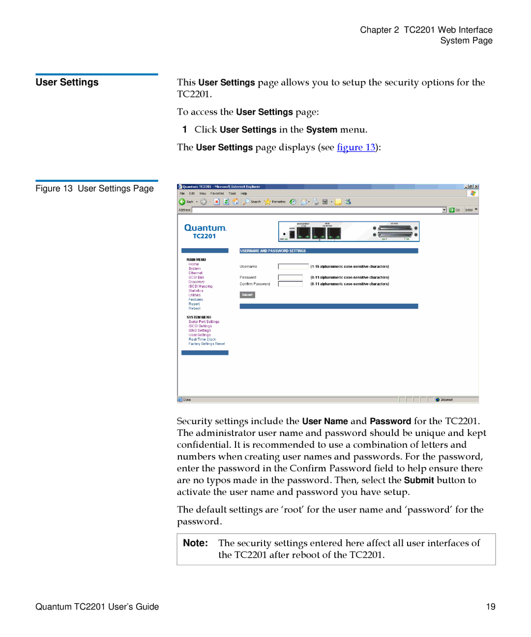 Quantum TC2201 manual User Settings 