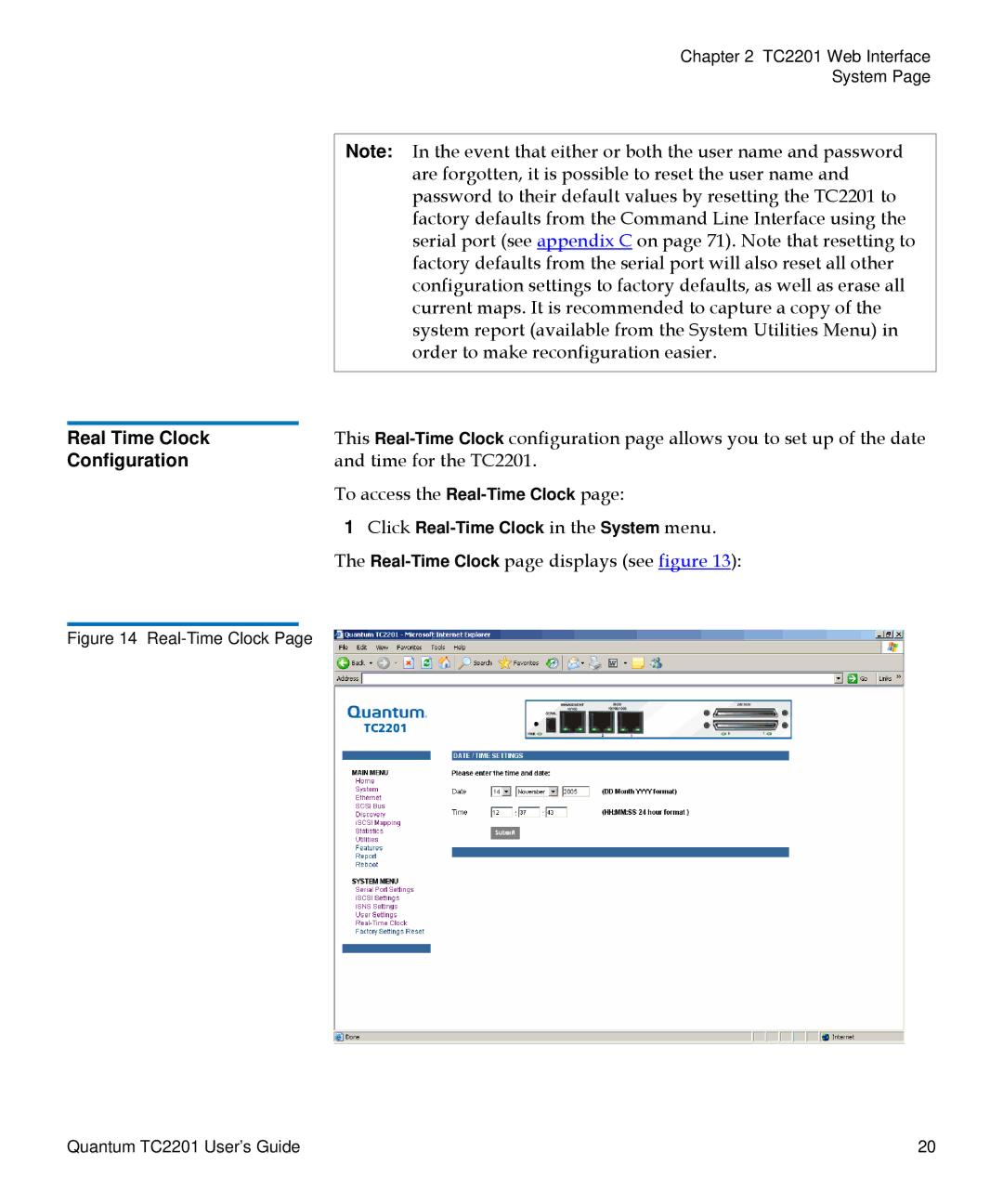 Quantum manual Real Time Clock Configuration, Real-Time Clock Quantum TC2201 User’s Guide 