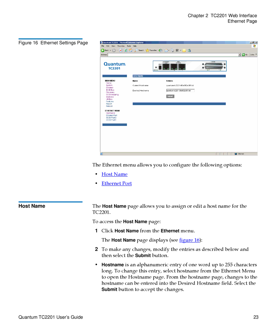 Quantum TC2201 manual Host Name, Ethernet Settings 