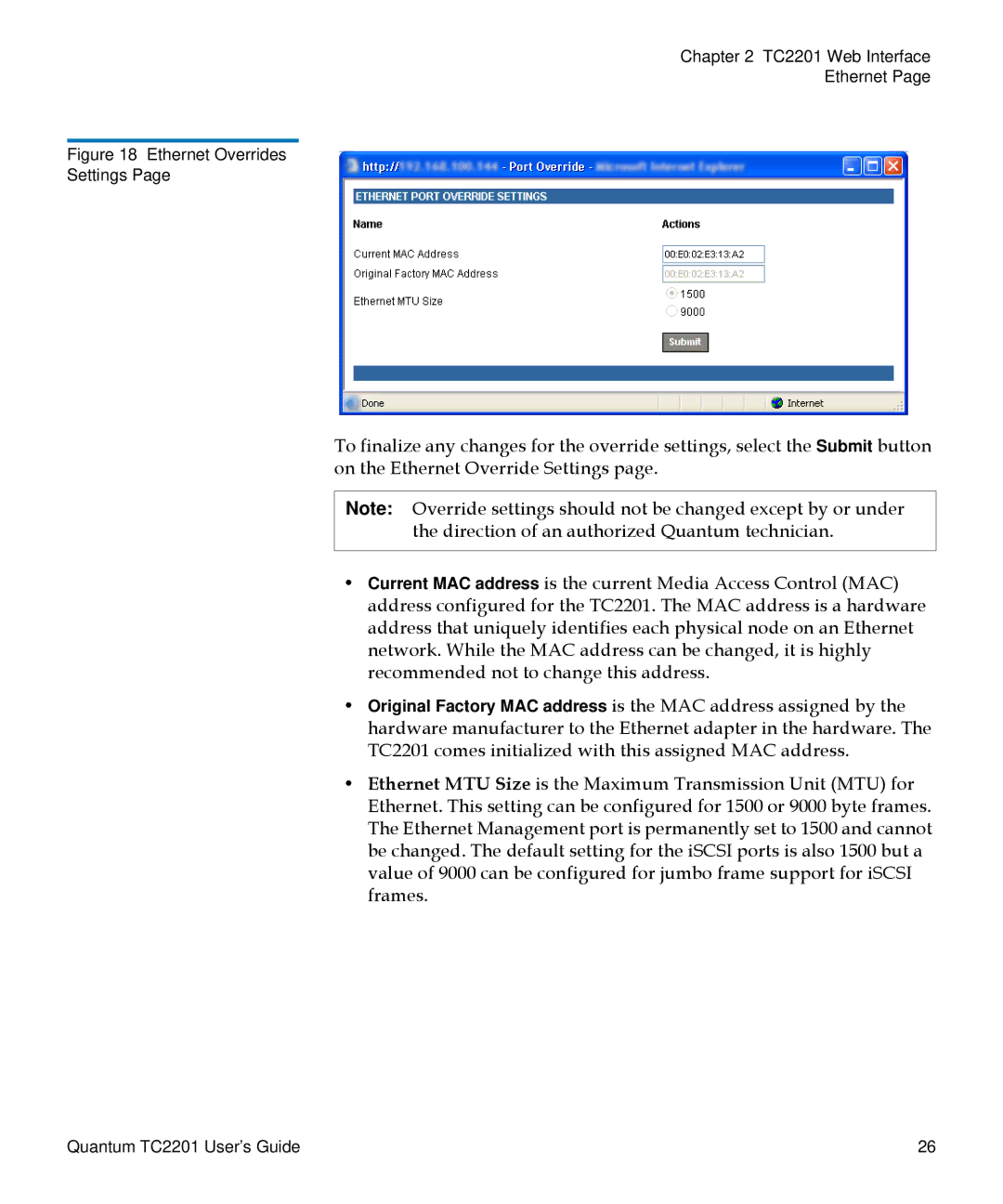 Quantum TC2201 manual Ethernet Overrides Settings 