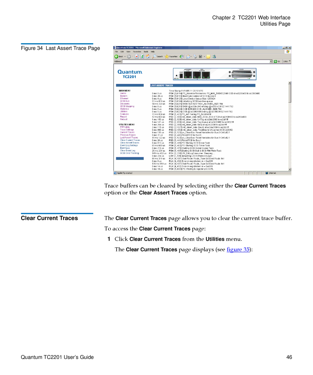 Quantum TC2201 manual Clear Current Traces, Last Assert Trace 