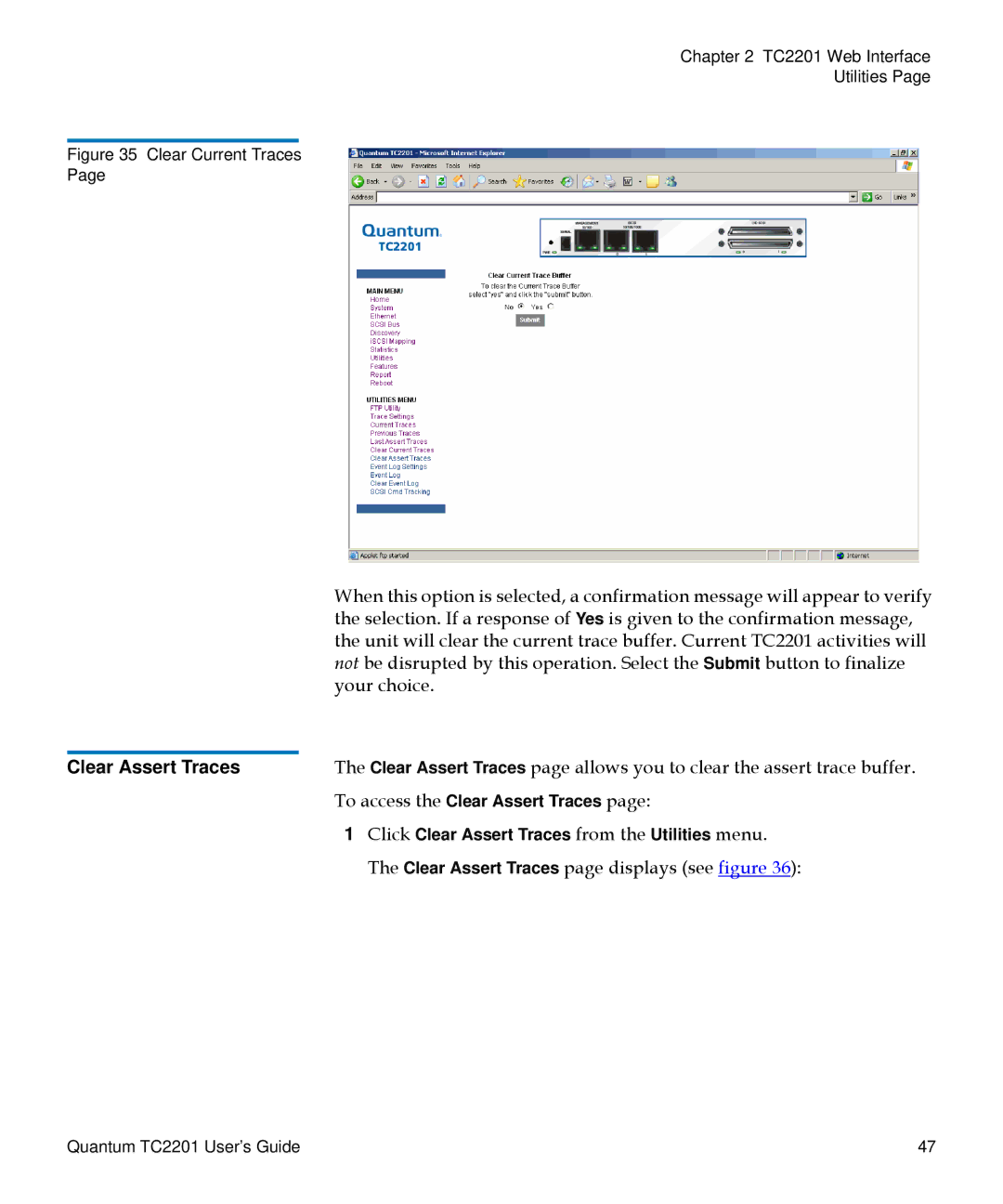 Quantum TC2201 manual Clear Assert Traces, Clear Current Traces 