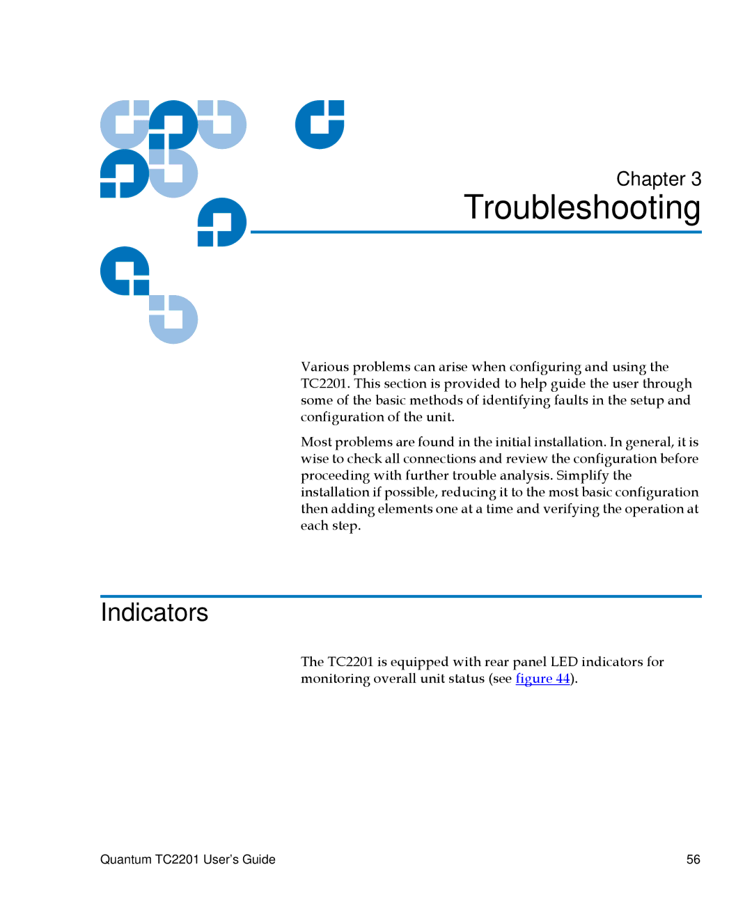 Quantum TC2201 manual 3Troubleshooting, Indicators 