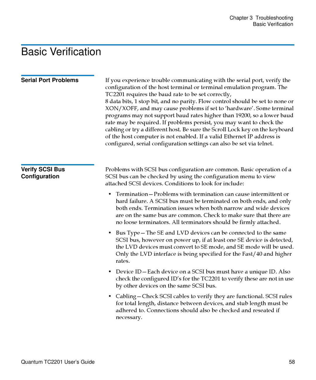 Quantum TC2201 manual Basic Verification, Serial Port Problems, Verify Scsi Bus 