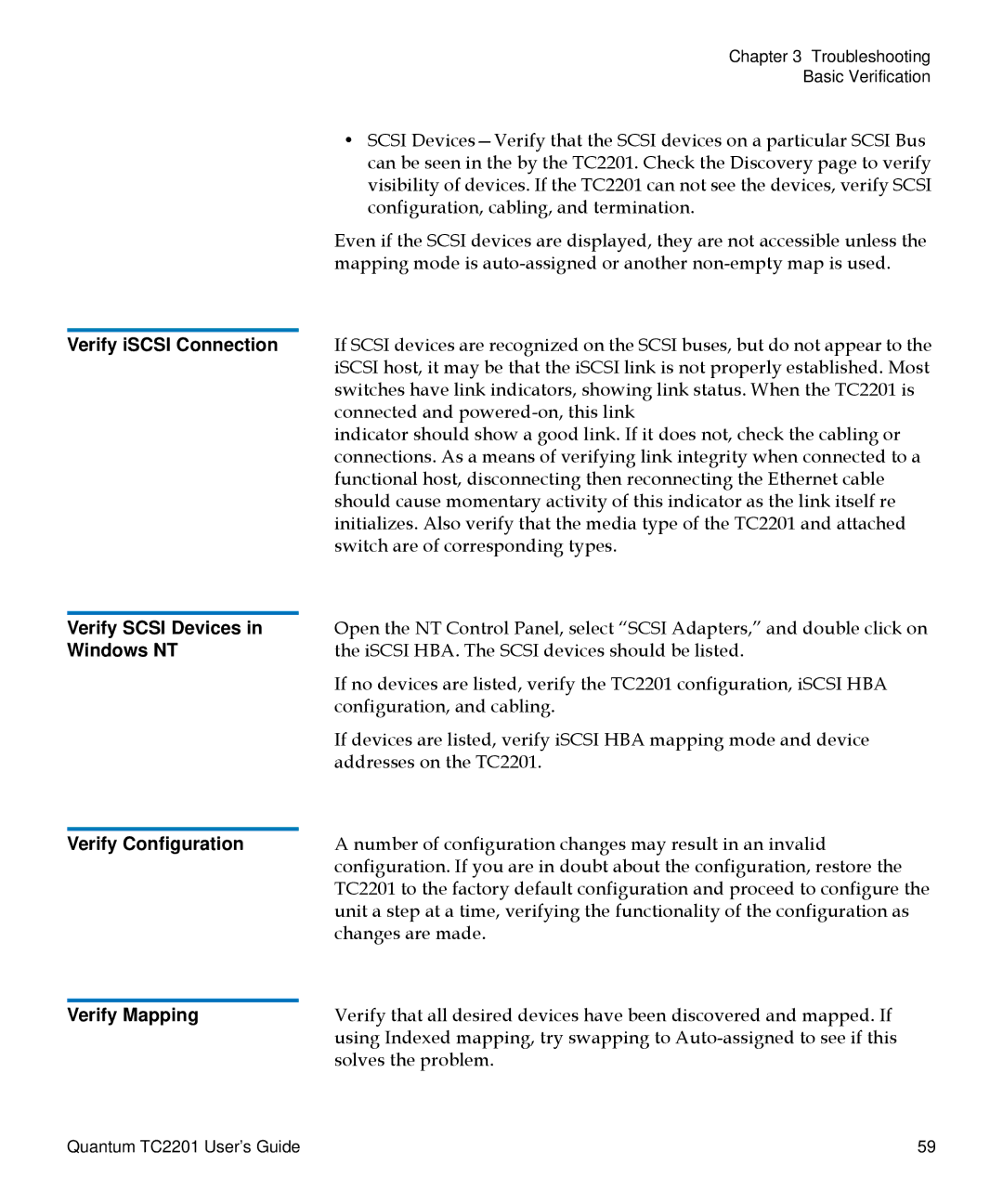 Quantum TC2201 manual Verify iSCSI Connection, Verify Scsi Devices, Windows NT, Verify Configuration, Verify Mapping 