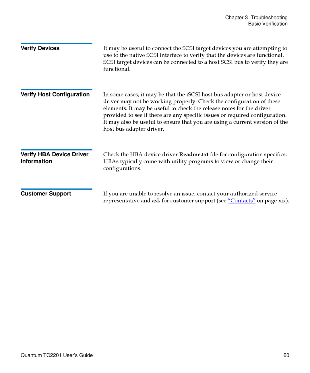 Quantum TC2201 manual Verify Devices, Verify Host Configuration, Verify HBA Device Driver, Information 