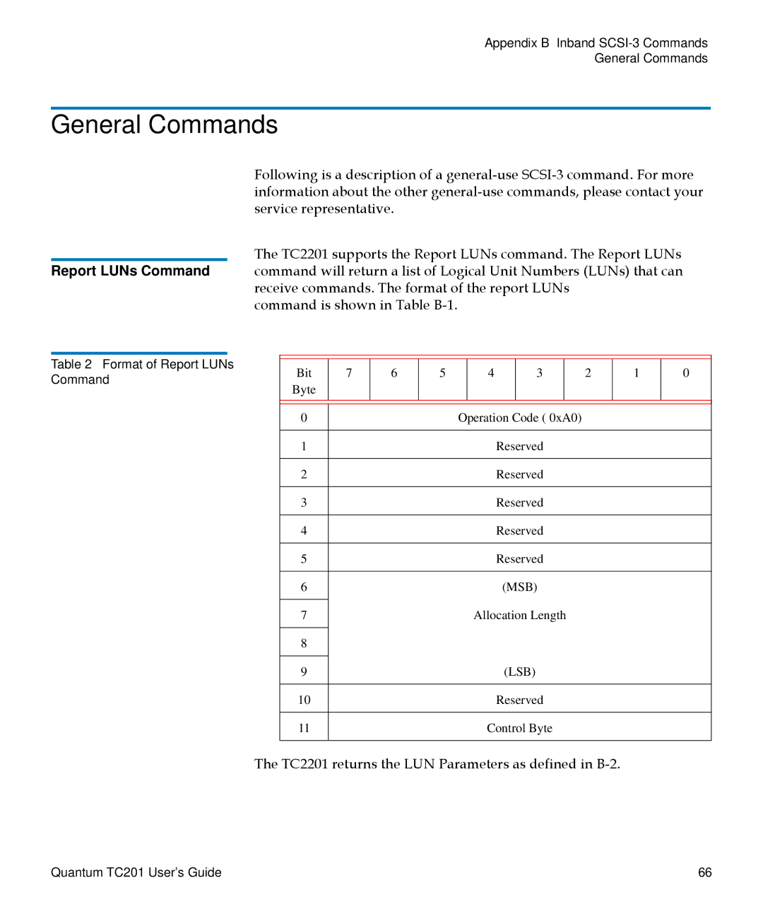 Quantum manual General Commands, TC2201 returns the LUN Parameters as defined in B-2 