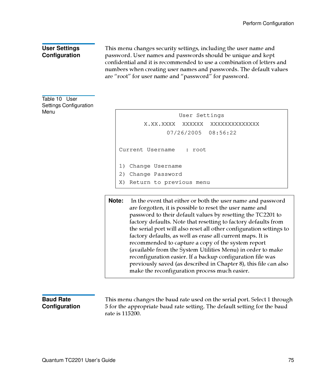 Quantum TC2201 manual XX.XXXX Xxxxxx Xxxxxxxxxxxxxx, Baud Rate 