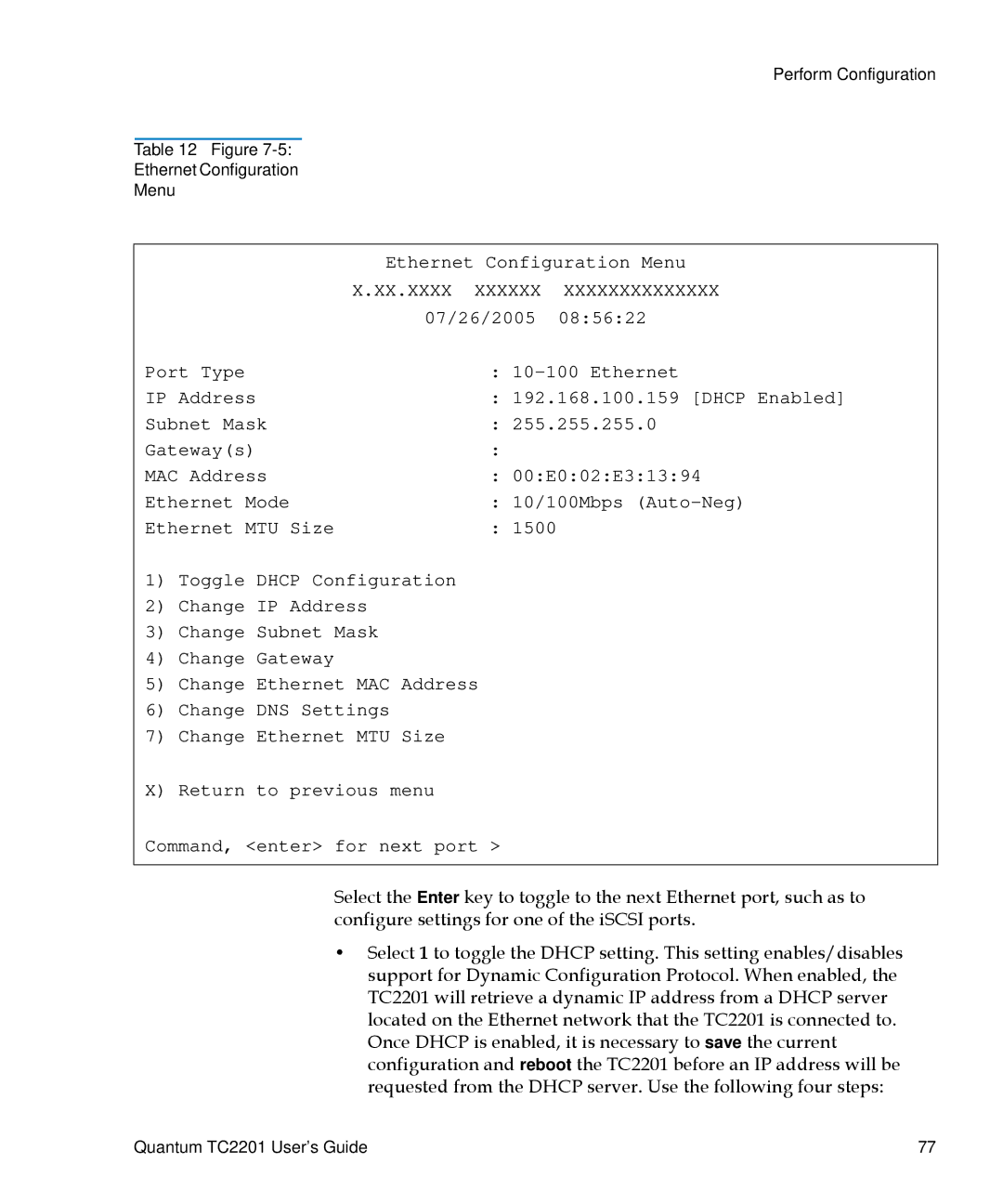 Quantum TC2201 manual Ethernet Configuration Menu 